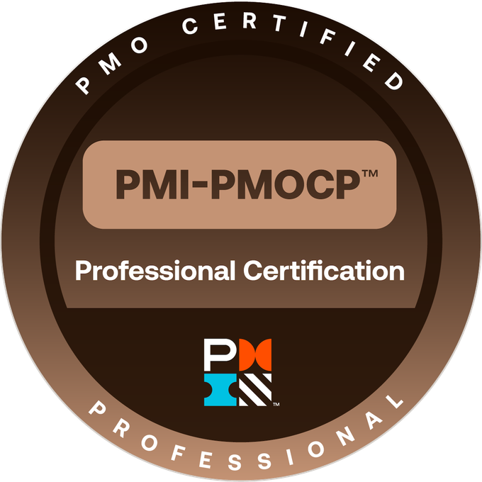 PMI-PMOCP Professional Certification badge in a circular design, featuring a brown background and the PMI logo.